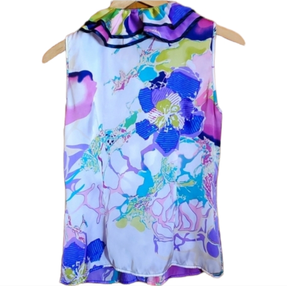 PIANO M SEMI SHEER PURPLE MULTI FITTED SCARF RUFFLED COLLAR TOP - Picture 2 of 4